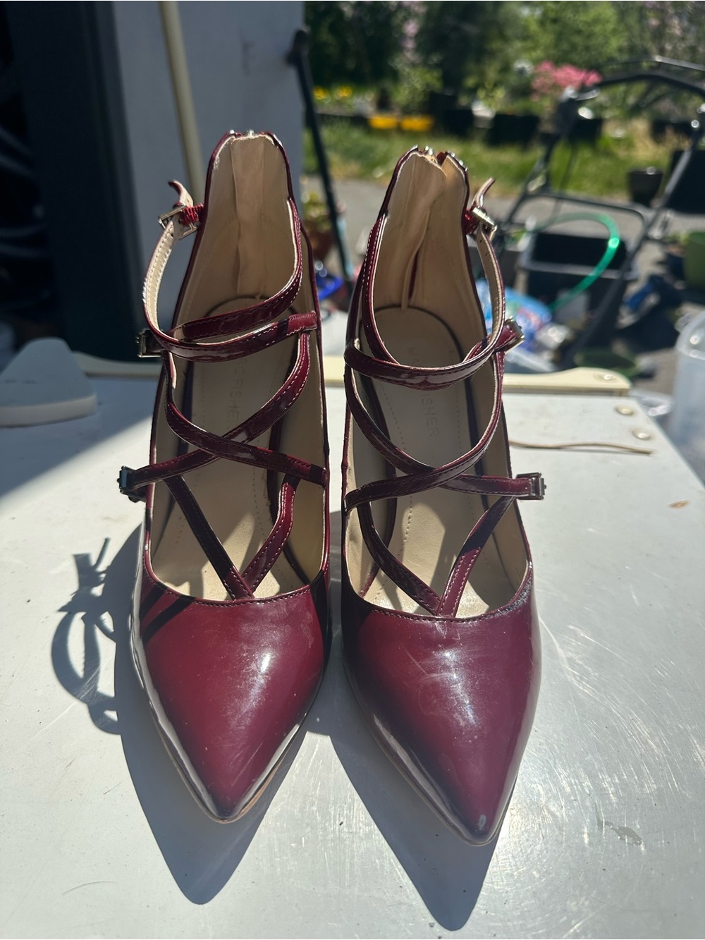 Marc Fisher Burgundy Pointed-Toe Crisscross Strap Heels
